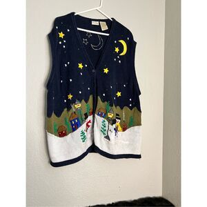 Ugly Christmas Sweater Vest 26 28 Blue Caroling Snowmen Bobbie Brooks Woman